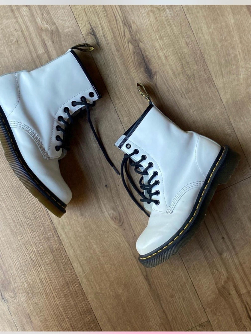 Dr. Martens White Leather Lace-Up Combat Boots with Black Laces